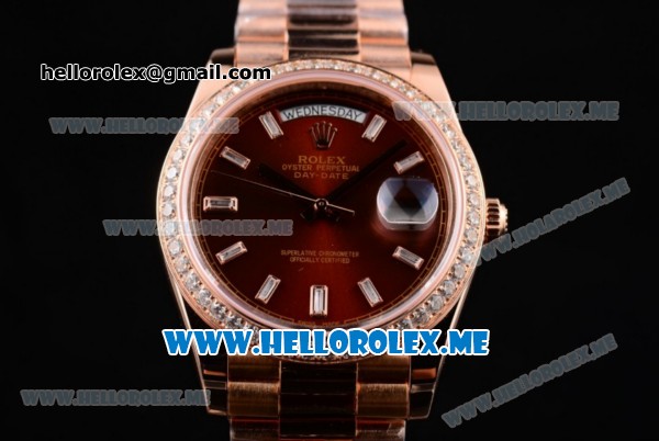 Rolex Day-Date Swiss ETA 2836 Automatic Rose Gold Case/Bracelet with Brown Dial and Stick Markers Diamonds Bezel (BP) - Click Image to Close